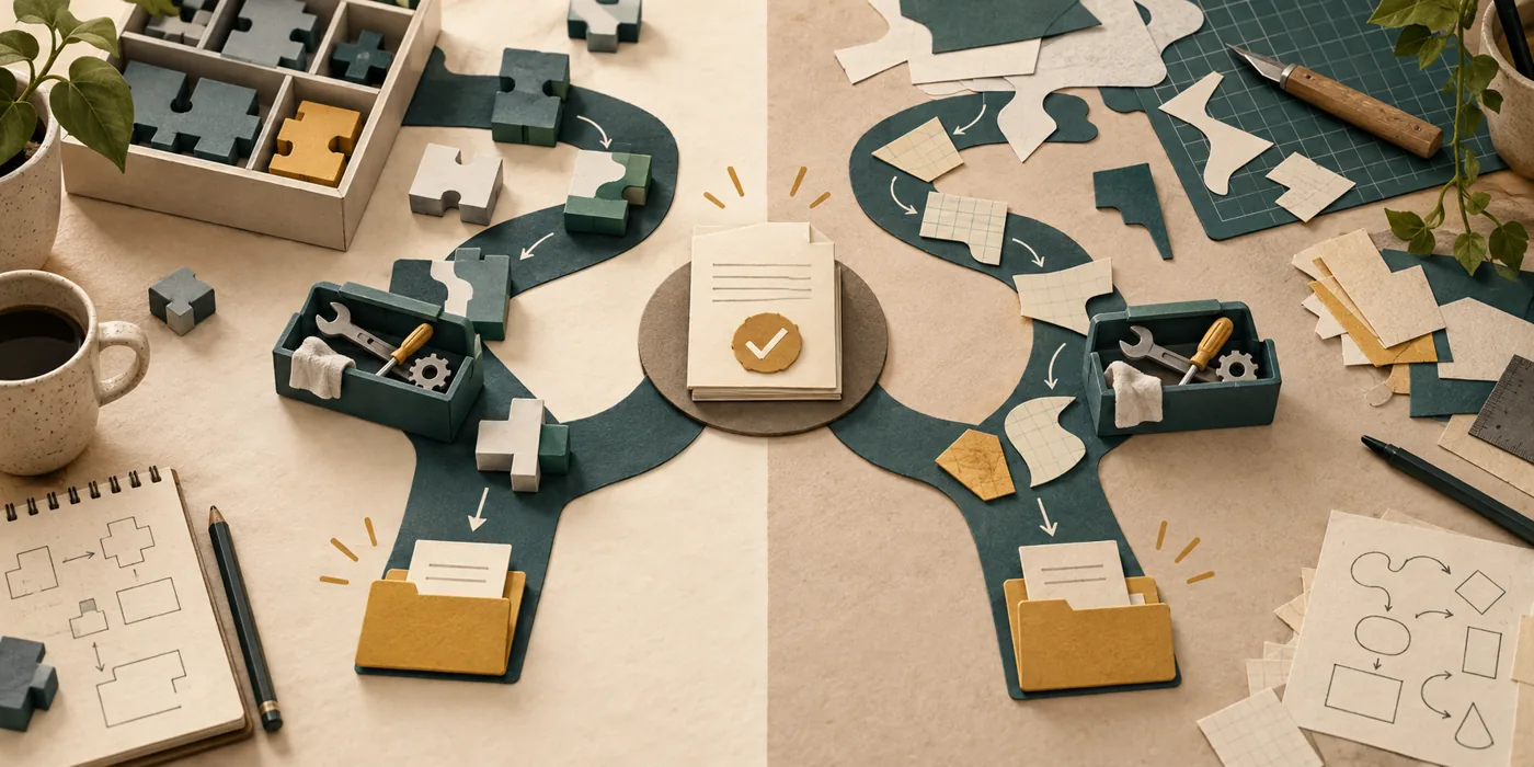 Ready-made and custom components follow separate paths to the same business requirement, each with maintenance tools.