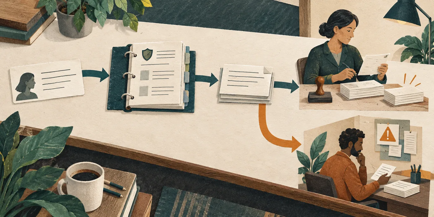 Support drafts follow approved knowledge, with routine replies reviewed and uncertain cases escalated to a person.