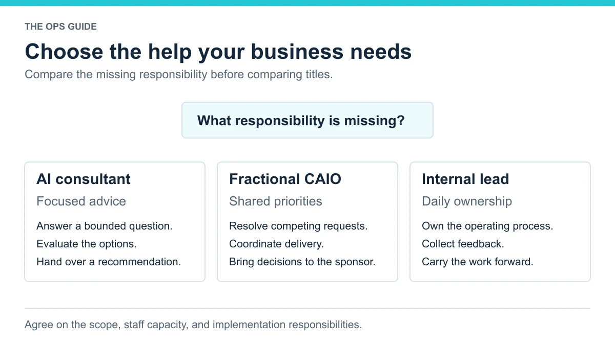 Three options for AI support: a consultant for focused advice, a fractional CAIO for shared priorities, and an internal lead for daily ownership.