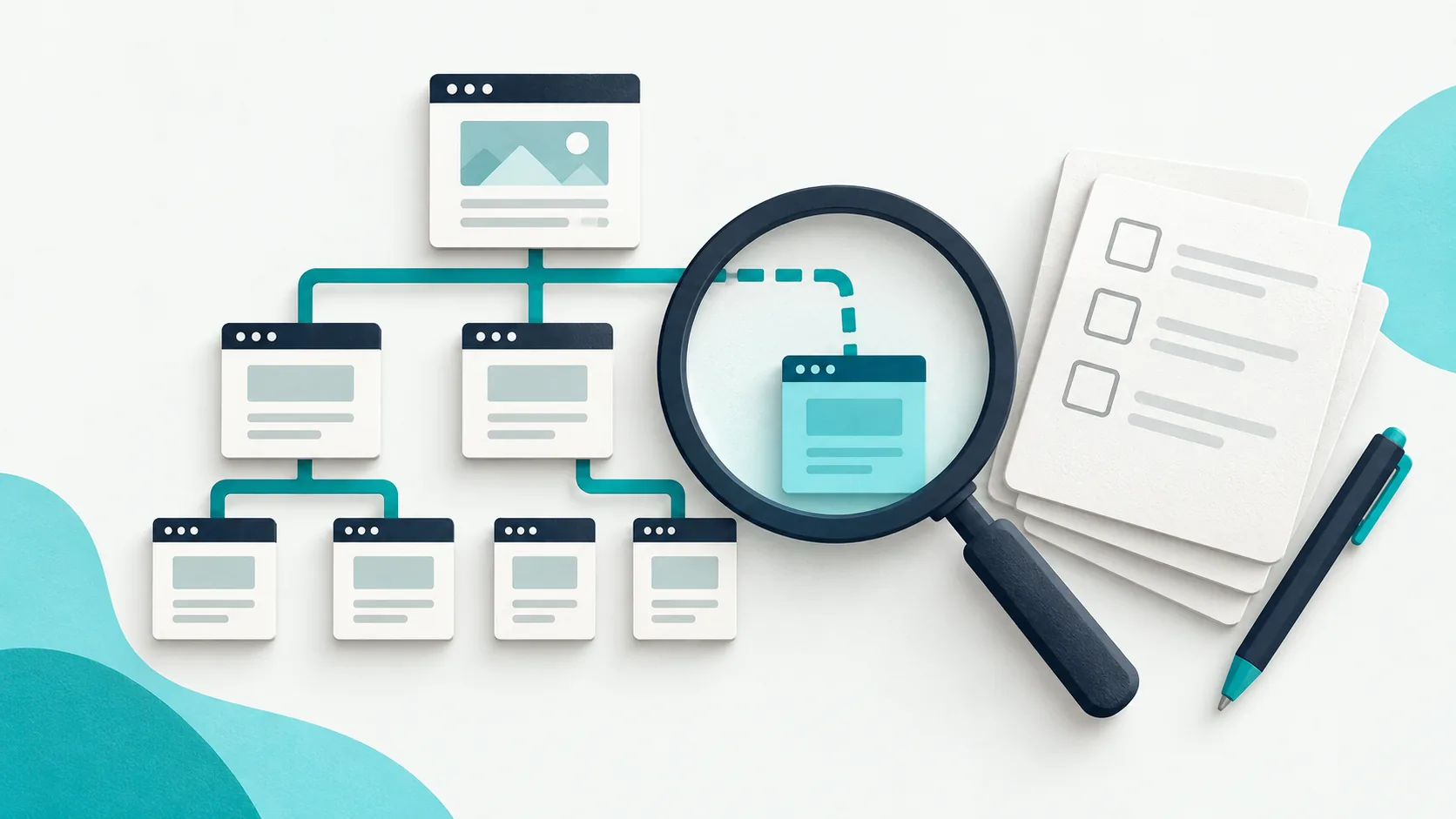 Illustration of a magnifying glass inspecting connected website pages beside an audit checklist.